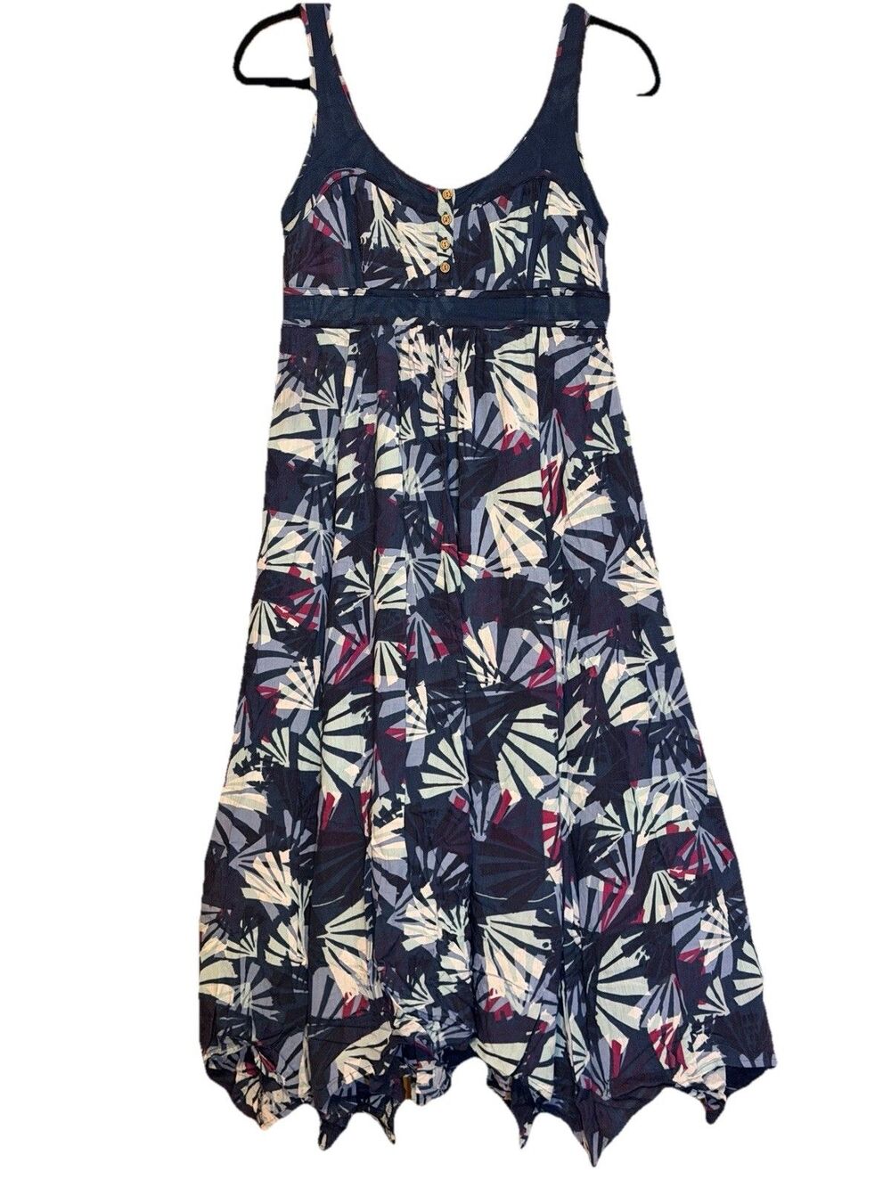 Mantaray Boho Palm Print Tropical Midi Dress Hanky Hem Navy Pink Size UK12/US8